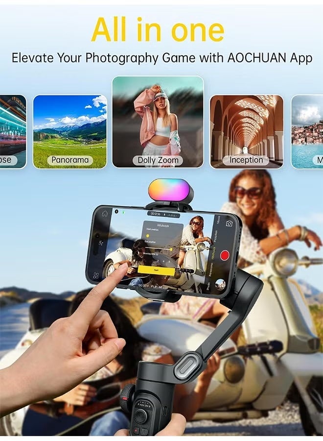 اوتشوان مثبت جيمبال ثلاثي المحاور من AOCHUAN لأجهزة iPhone، مزود بإضاءة RGB مغناطيسية، وعجلة تركيز متطورة لتتبع الوجه، وهواتف ذكية قابلة للطي لأجهزة iPhone/Android، ومثبت لتسجيل مدونات الفيديو، طقم XE الذكي - Image 3